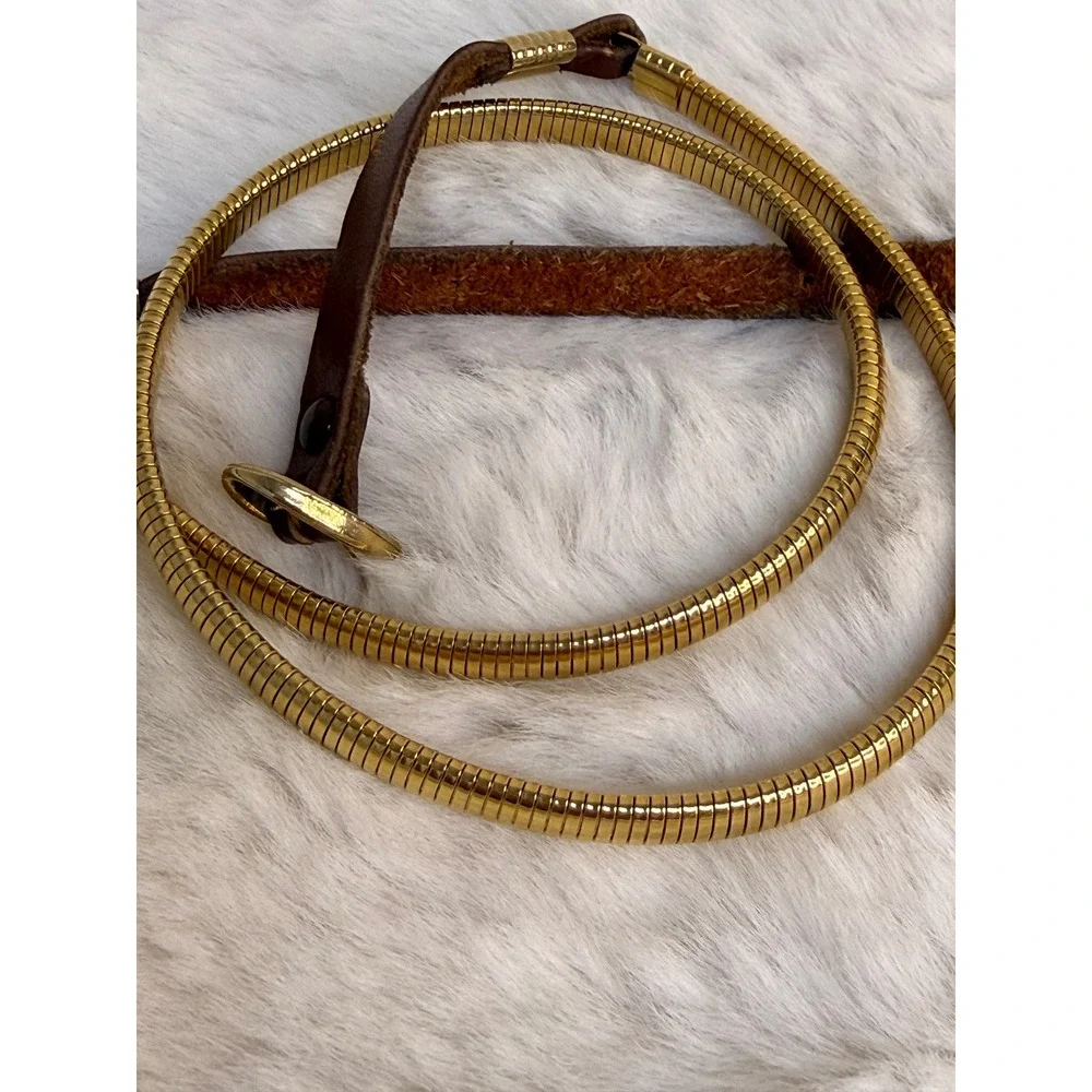 Vintage 1970's Gold Tone Snake Chain Belt Brown Leather‎ Retro Skinny Metallic